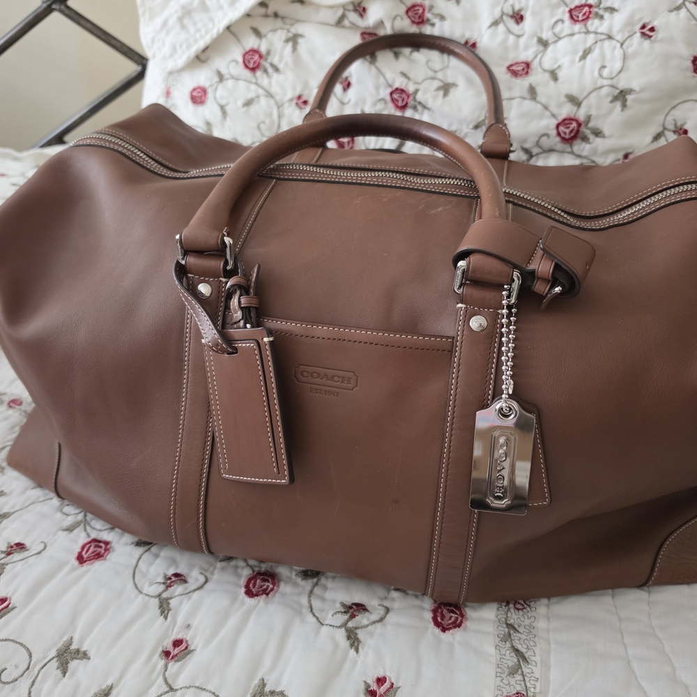 Coach Tan Leather Duffel Bag with Silver Hardware